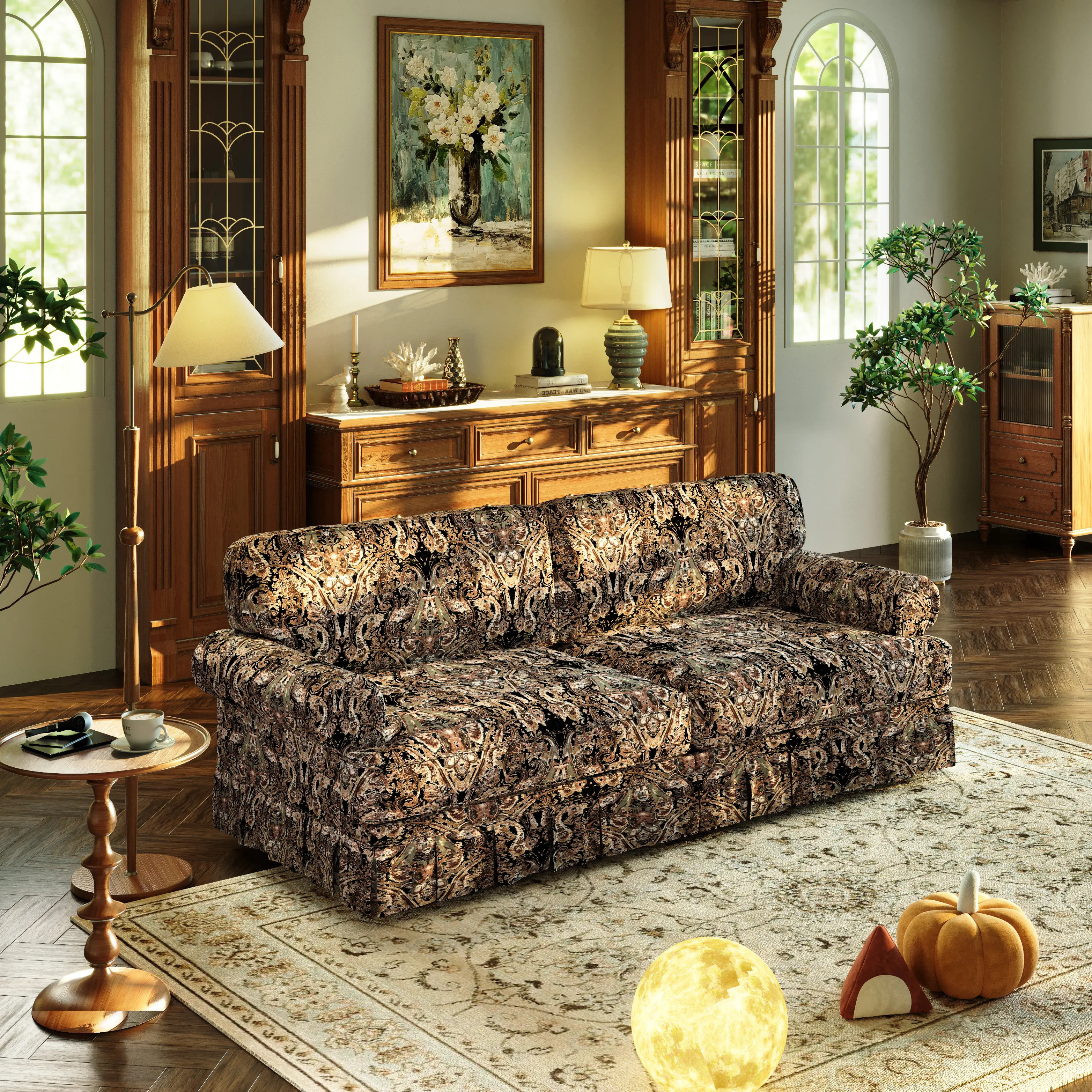 Nokaa Mid-Century Modern 74" 3-Seater Cloud Sofa - Black Floral Print Oxford Fabric, Rolled Arms, Pleated Skirt, 26.4" Deep Seat, Heavy-Duty Metal & Solid Wood Frame for Living Room