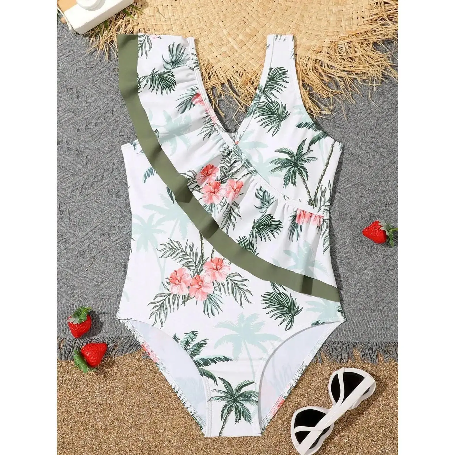 Girls Teens One Piece Swimsuit Kids 8-12 Years Summer Ruffle Swimwear Children Beachwear Floral Print Swimming Suit Monokini