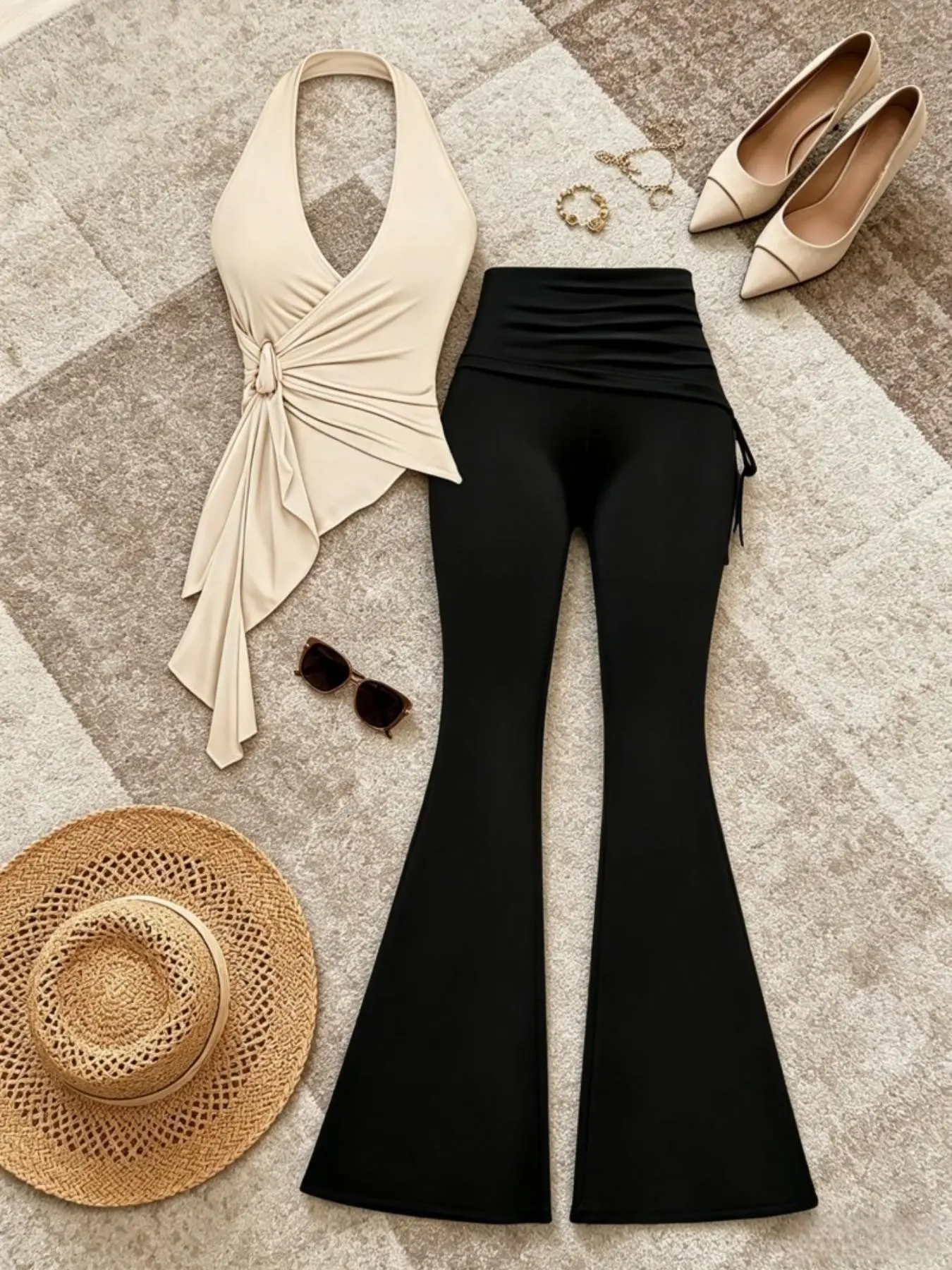 Summer New Halter Neck Knot Top, High Waist Slimming Micro Flare Pants Set, Bold Style Two-Piece, Trendy Summer Fashion