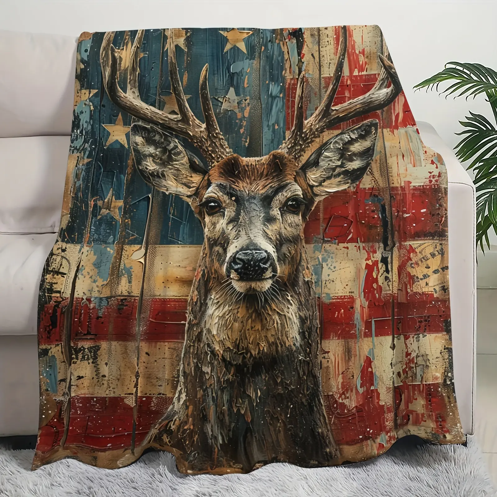 Patriotic Deer Head Fleece Blanket - Soft and Comfortable American Flag Design with Rural Deer Art, Perfect for Home, Office, Travel, and Camping | Machine Washable, Four Seasons Versatile, Office Warmth Accessories | Modern Design | Machine Washable Blan
