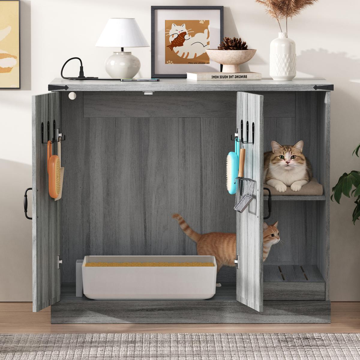 Cat Litter Box Cabinet with Power Outlet, Modern Litter Box Furniture for Large Automatic Litter Boxes, Hidden Litter Box Enclosure with Litter Catcher, Adjustable Storage Shelves, Gray