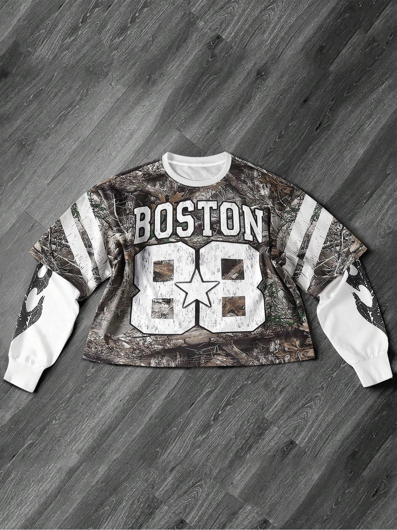 Men's Letter & Number Print 2 in 1 Drop Shoulder Camo Sweatshirt, Regular Fit Casual Long Sleeve Round Neck Pullover for Fall & Winter, Men's Clothes for Daily Wear