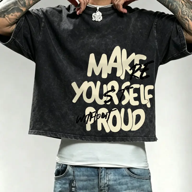 Men's washed, distressed cotton T-shirt featuring a boxy, cropped fit and heavyweight cotton fabric; designed with a minimalist slogan graphic—perfect for casual daily wear, commuting, or street-style looks.