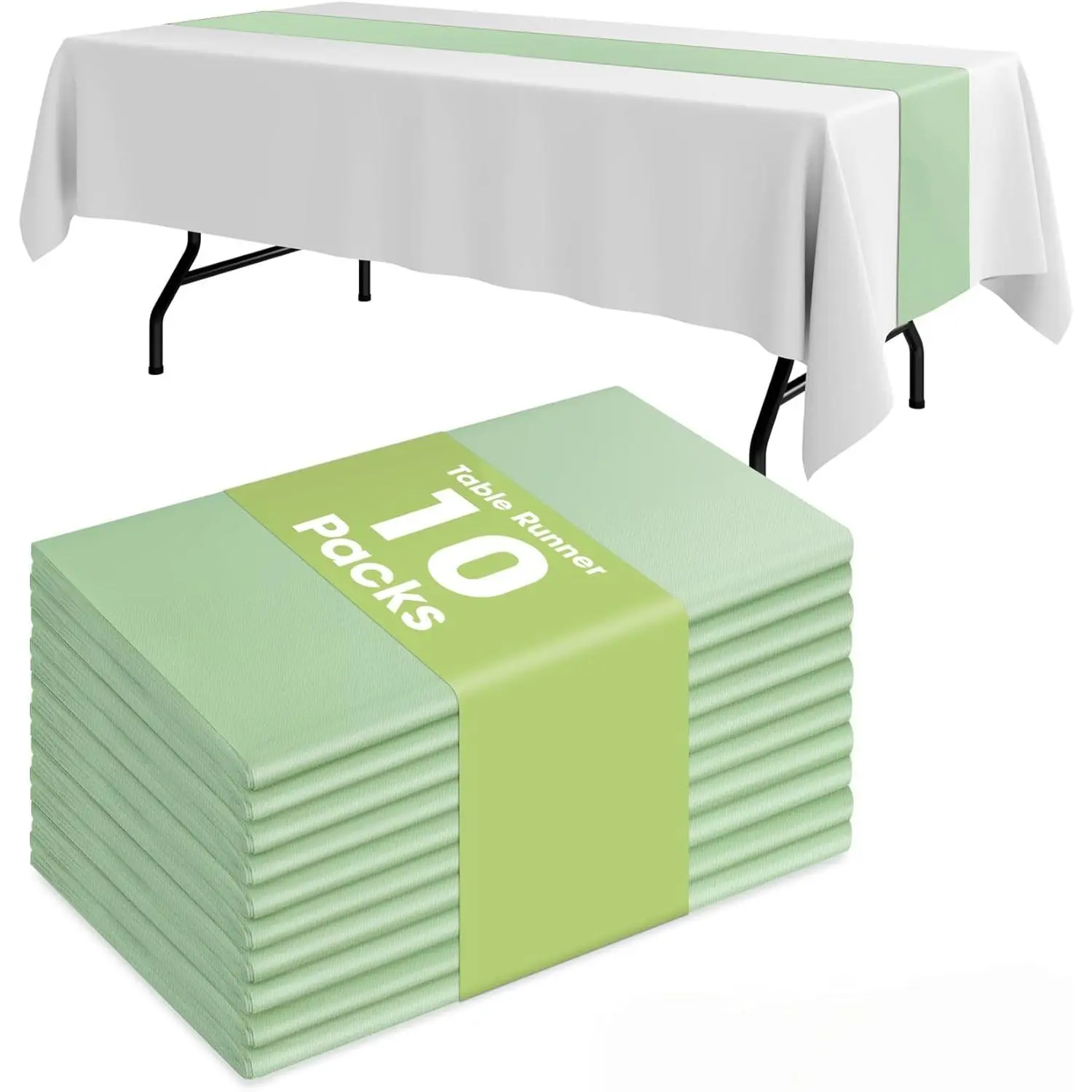 Sage Green Rectangular Plastic Table Runners - 10 Pack, 14x108", Water Resistant Disposable Picnicware for Party Decorations, Birthday Party Decor, Table Centerpiece Ideas