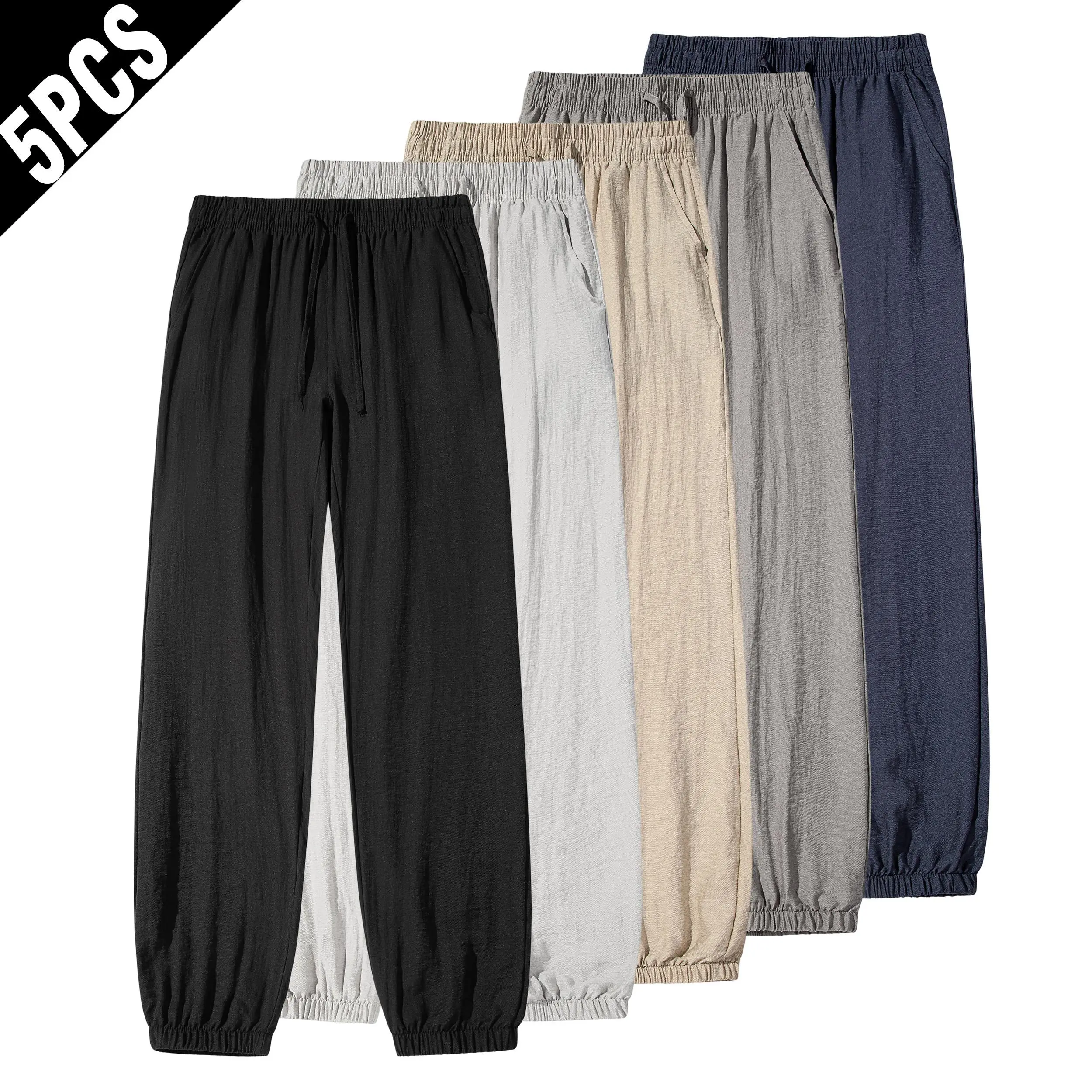 5 Pack Men Crinkle Linen Jogger Pants, Elastic Drawstring Cuffed Ankle Sweatpants, Lightweight Breathable Summer Casual Loose Lounge Trousers