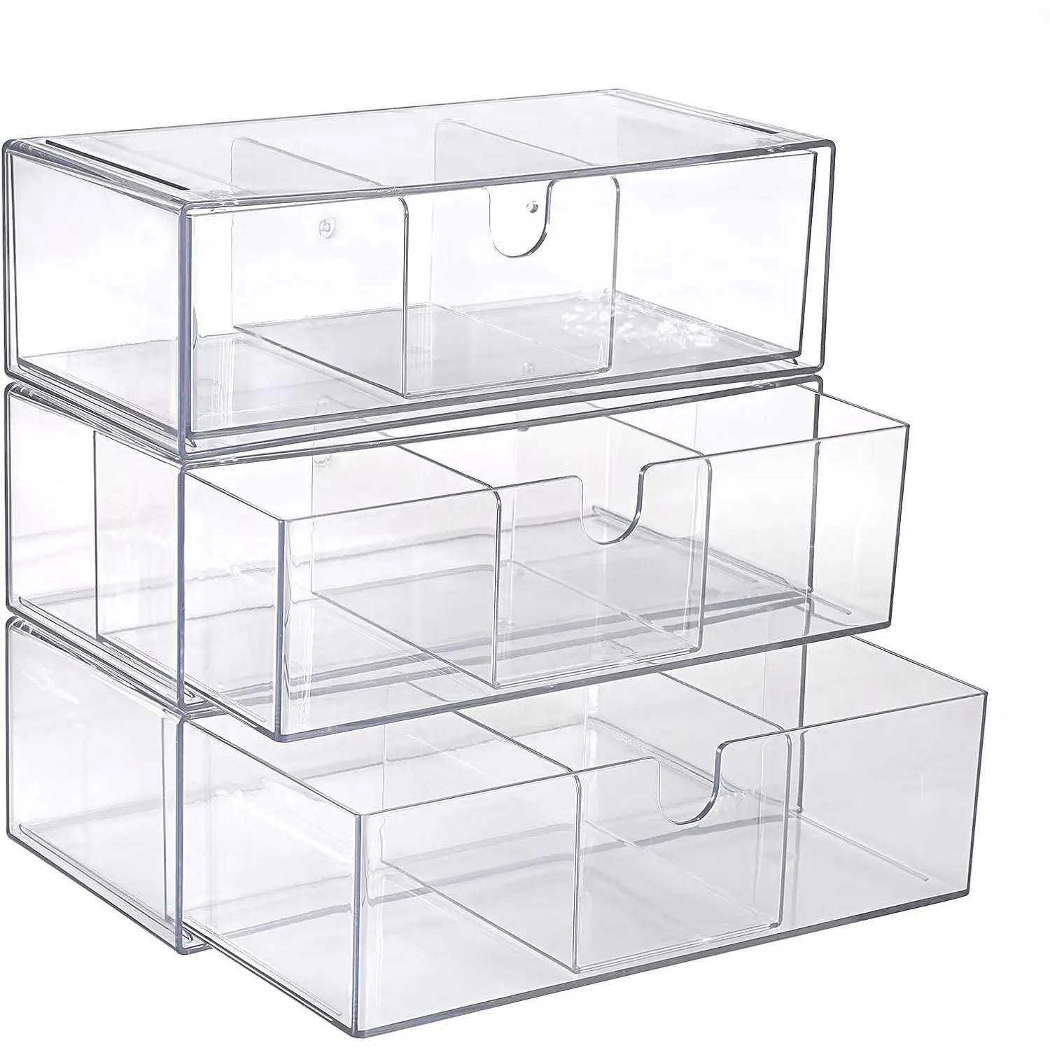 Storage Drawers 3-Tier Stackable Bathroom Makeup Organizer  Swabs Qtip Holder for   Clear Desktop Organizer with Removable Dividers, 8.1"Lx 3.9"Wx7.8"H