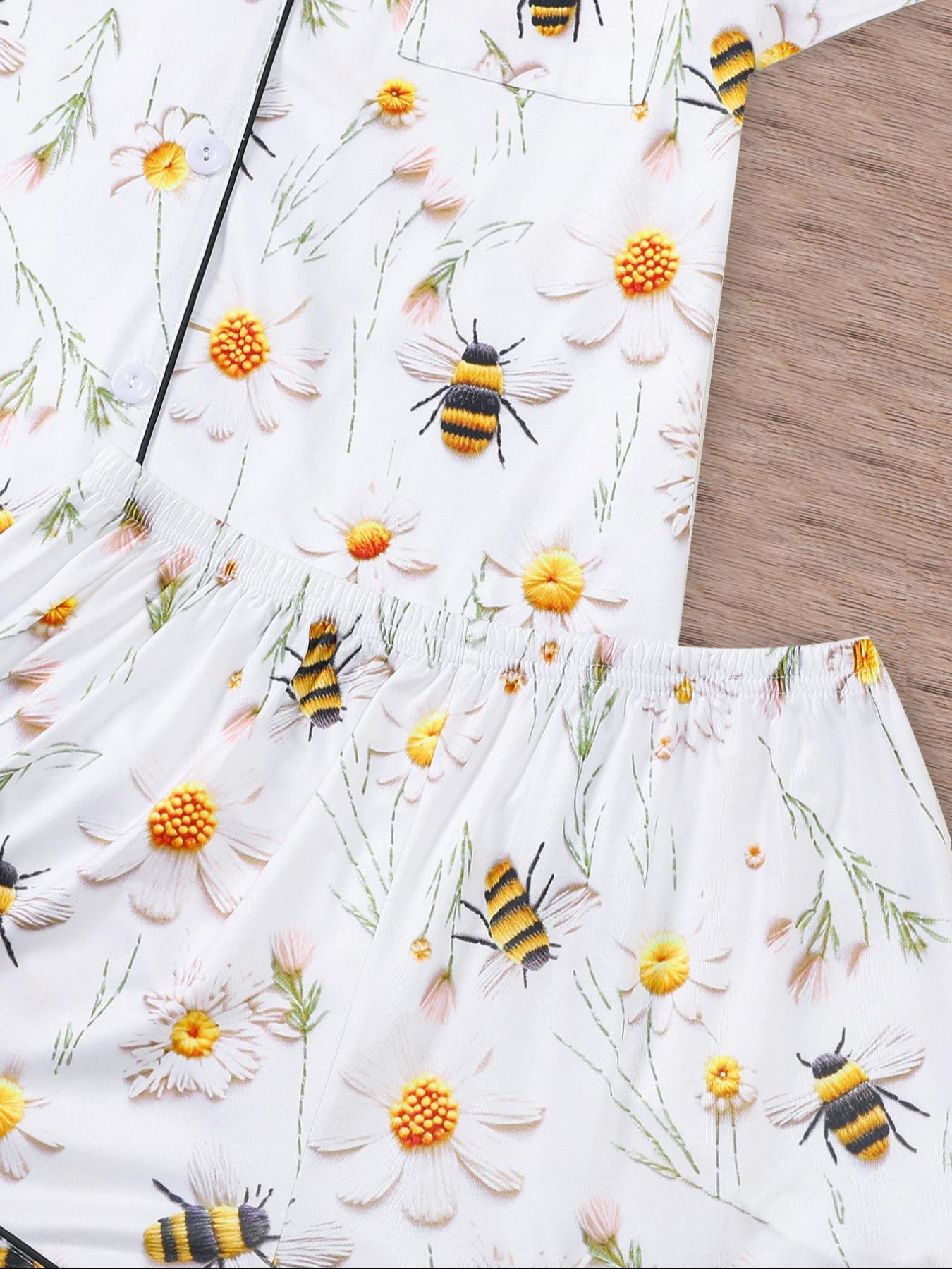 Women's Floral Print Pajama Set, Short Sleeve Button Front Top & Elastic Shorts, Casual Fitted Sleepwear for All Seasons