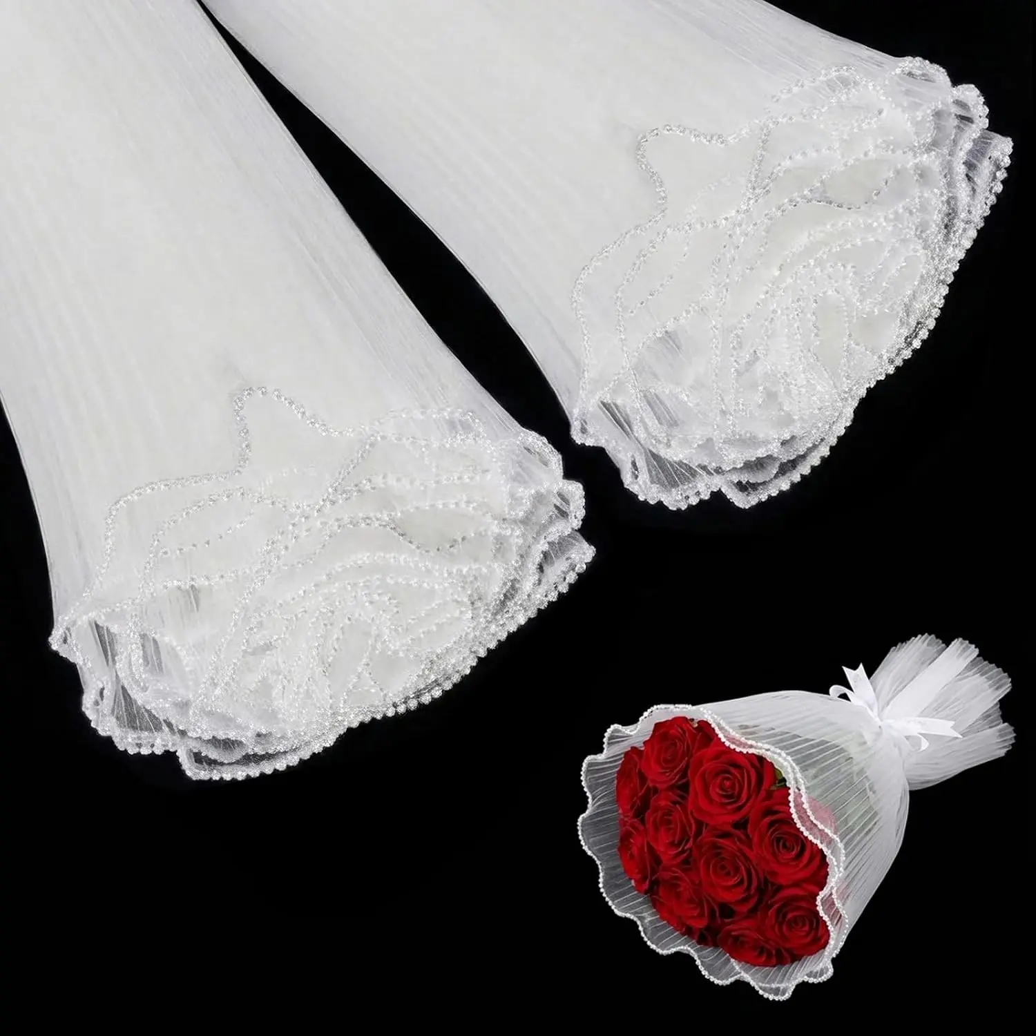 2PCS 4.37 Yards White Flower Wrapping Mesh Paper - Pearl Edge Wrinkled Translucent Pleated Polyester Bouquet Packaging Paper for Wedding Decor Florist Supplies Gift Packaging
