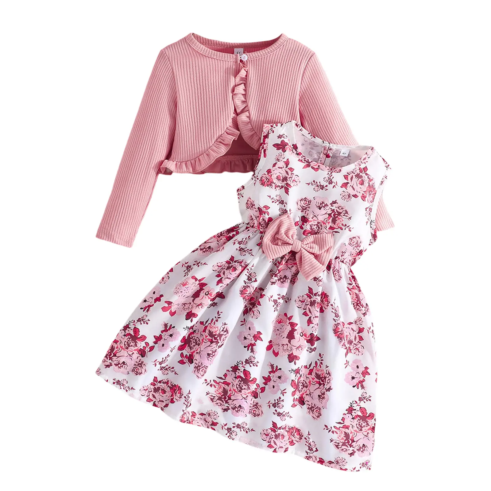Kid Girl Fall Outfit Ruffle Trim Long Sleeve Cardigan Flower Print Sleeveless A-line Tank Dress with Bow 2 Piece Set