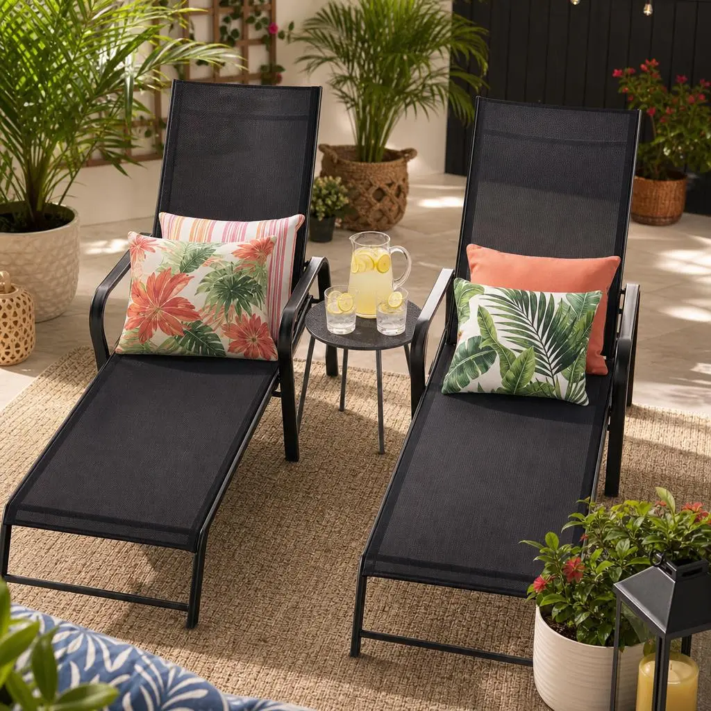 Set of 2 Outdoor Patio Chaise Lounge Chairs - Adjustable Reclining Chairs with Breathable Textilene Mesh, Heavy Duty Sun Lounger for Poolside, Beach, Backyard