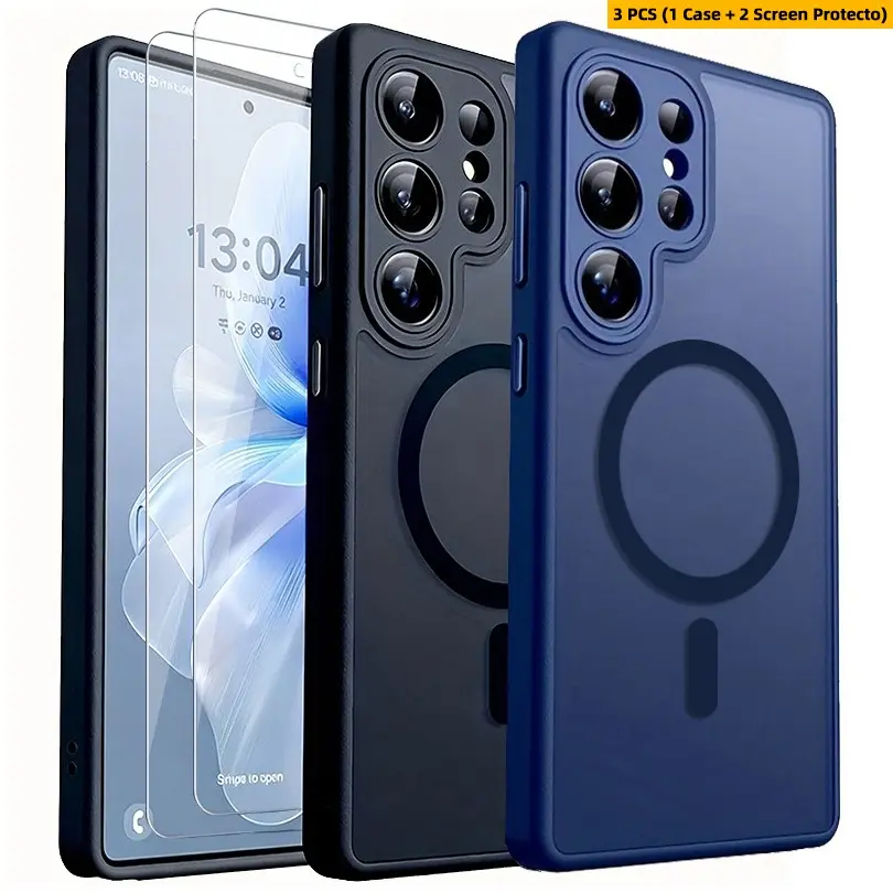 3PCS 1X Phone Case & 2X Screen Protectors Matte Translucent Magnetic Cover Protective Phone Case Suitable for Samsung Galaxy S26 Ultra S25 S24 S23 Ultra Plus FE A16 A36 A56 A26 with Camera Lens Protector Durable