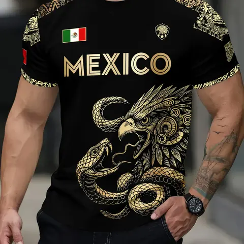 Men's Mexican Flag Aztec Eagle Snake Print T-Shirt, Casual Round Neck Short Sleeve Top, Breathable Streetwear, Summer Leisure Shirt, Streetwear Graphic Tees