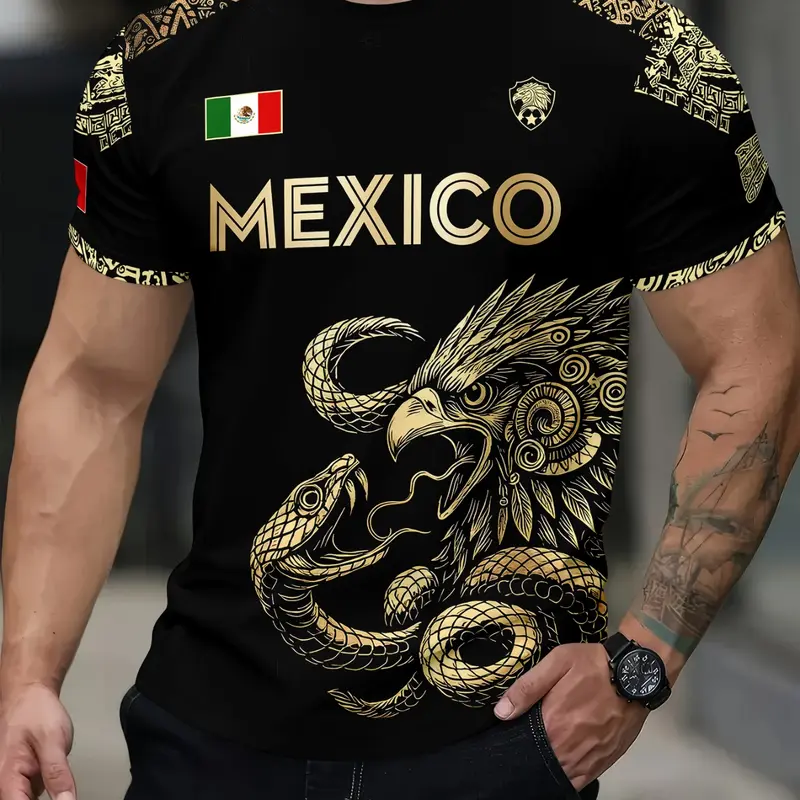 Men's Mexican Flag Aztec Eagle Snake Print T-Shirt, Casual Round Neck Short Sleeve Top, Breathable Streetwear, Summer Leisure Shirt, Streetwear Graphic Tees