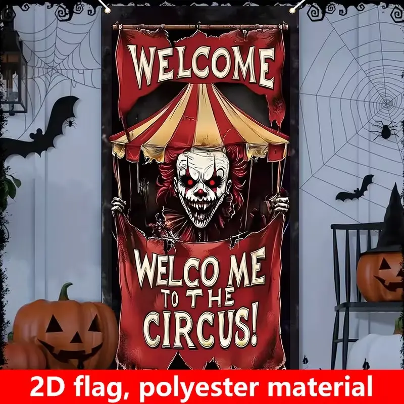 2D Flat Banner Door Cover, Halloween Porch Decor Flag, Horror Circus Clown, Polyester Photo Background, Carnival Entrance Decoration