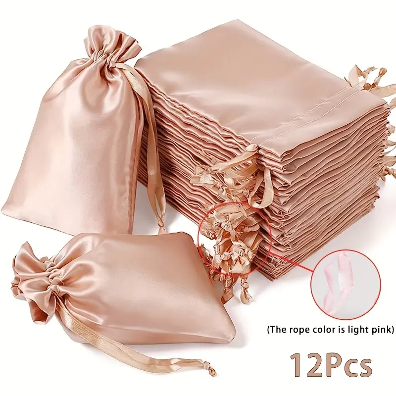 Custom 12pcs Satin Drawstring Bags, Wedding Favor Pouches, Rose Golden Mini Jewelry Gift Bags