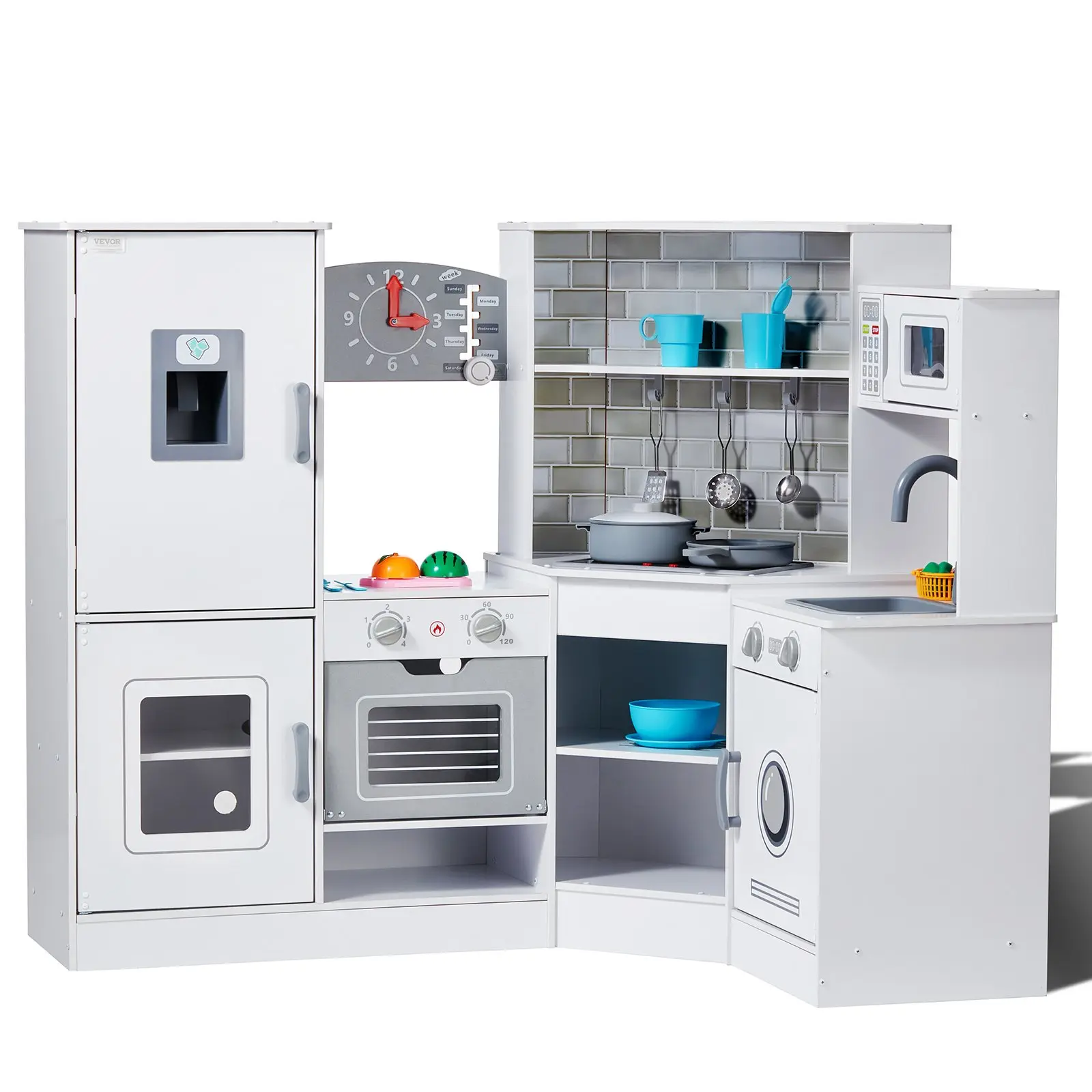 【DealsForYouDays】VEVOR White Corner Wooden Toddler Play Kitchen Playset - With Lights/Sounds, Ice Maker, Oven, Sink, Clock, Microwave, Refrigerator & Accessories for Toddlers+