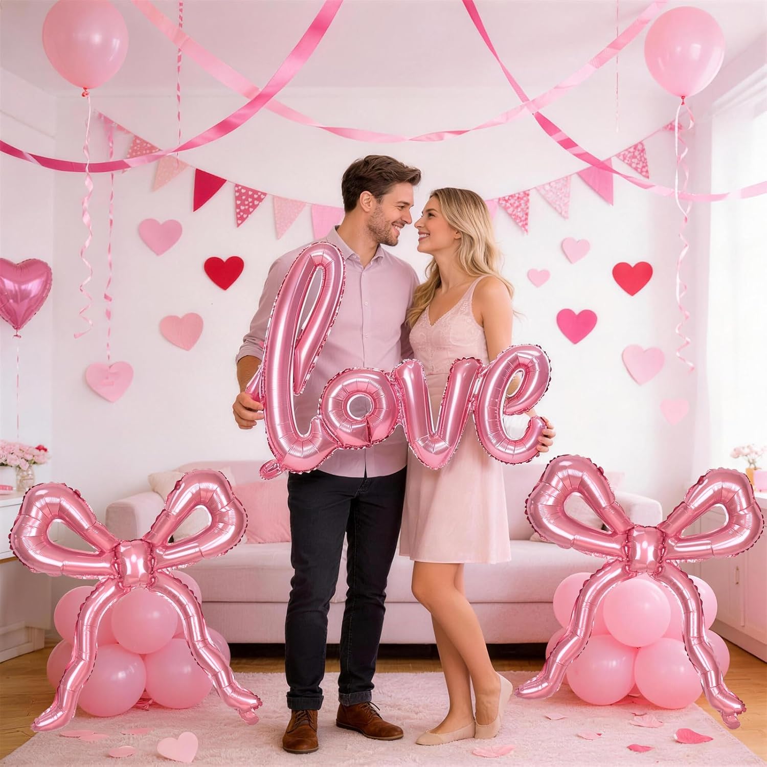 42" Giant Pink Love Heart Balloon with 22" Bow Mylar Balloon Set – Coquette Style Decor for Girls & Women.Perfect for Bridal Shower, Bachelorette, Birthday, Valentine's Day & Engagement – Ultra Cute Photo Ready!