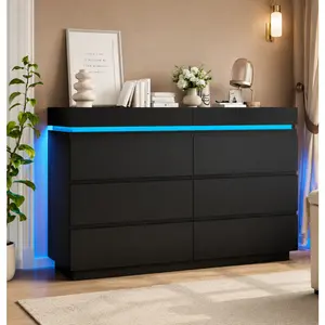 Modern 6 Drawers Dresser with Sliding Desktop, Wide Chest of Drawers with Charging Station & LED Lights, Large Storage Tower Clothes Organizer, Dresser for Bedroom summergarden