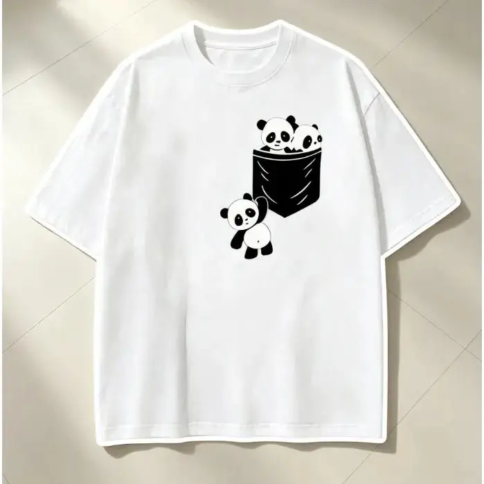 Pocket Baby Panda Black White Line Art Graphic T-Shirt, Unisex Minimal Pet Lover Casual Tee, 100% Cotton Printed Craft SummerVibes Casual Top, Relaxed Soft Breathable unisex summer clothing summer outfits unisex