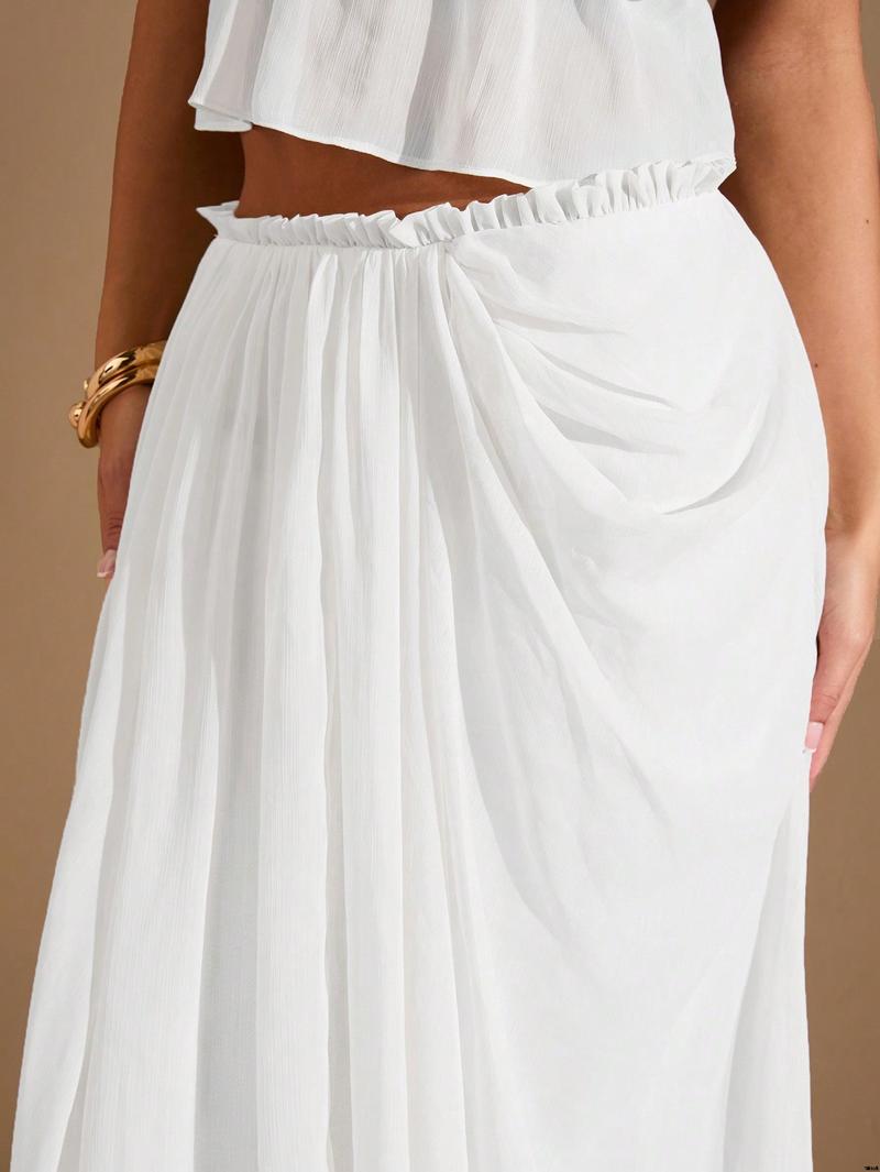 Date Beach Holiday , Women For Maxi Slit High Ruched Asymmetric White BAE tiktok White Skirt Vacation