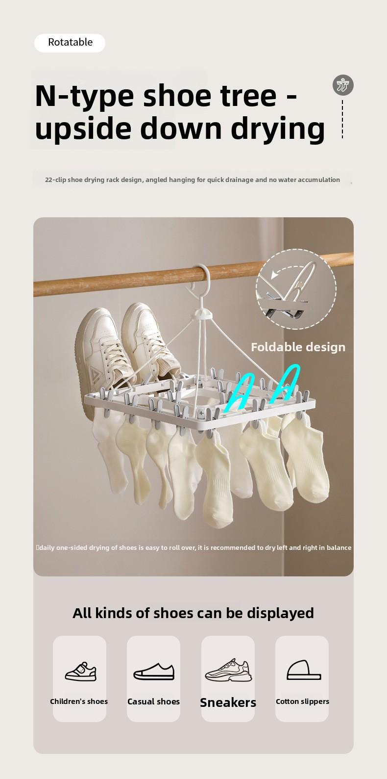 FaSoLa Household Folding Drying Rack, Multi-Clip Sock and Underwear Drying Tool, Multifunctional Windproof 2-in-1 Drying Rack
