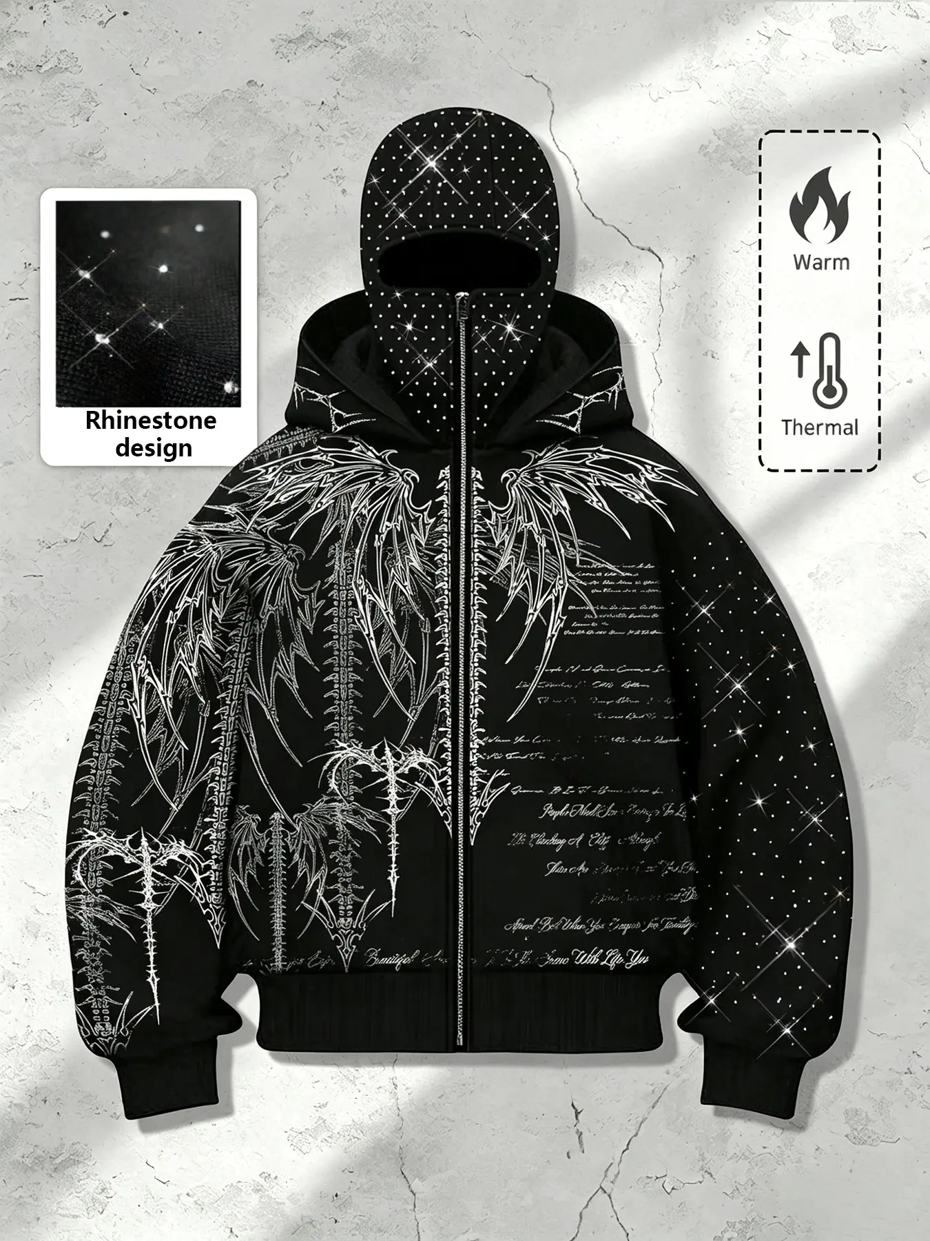 Dark Gothic Thorn Wings Full Print Double Layer Hooded Jacket, Unisex Street Style, Long Sleeve, Fall & Winter, Warm Fleece Lining, Zipper Front, Sweatshirts