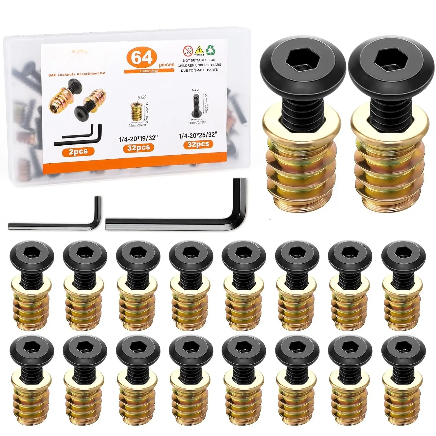 32 Sets Threaded Inserts for  Furniture Screws | 1/4-20 x 3/4",1/4-20 x 19/32" Nut and , 12.9 alloy steel&galvanized steel, Hex socket drive, for pine furniture assembly