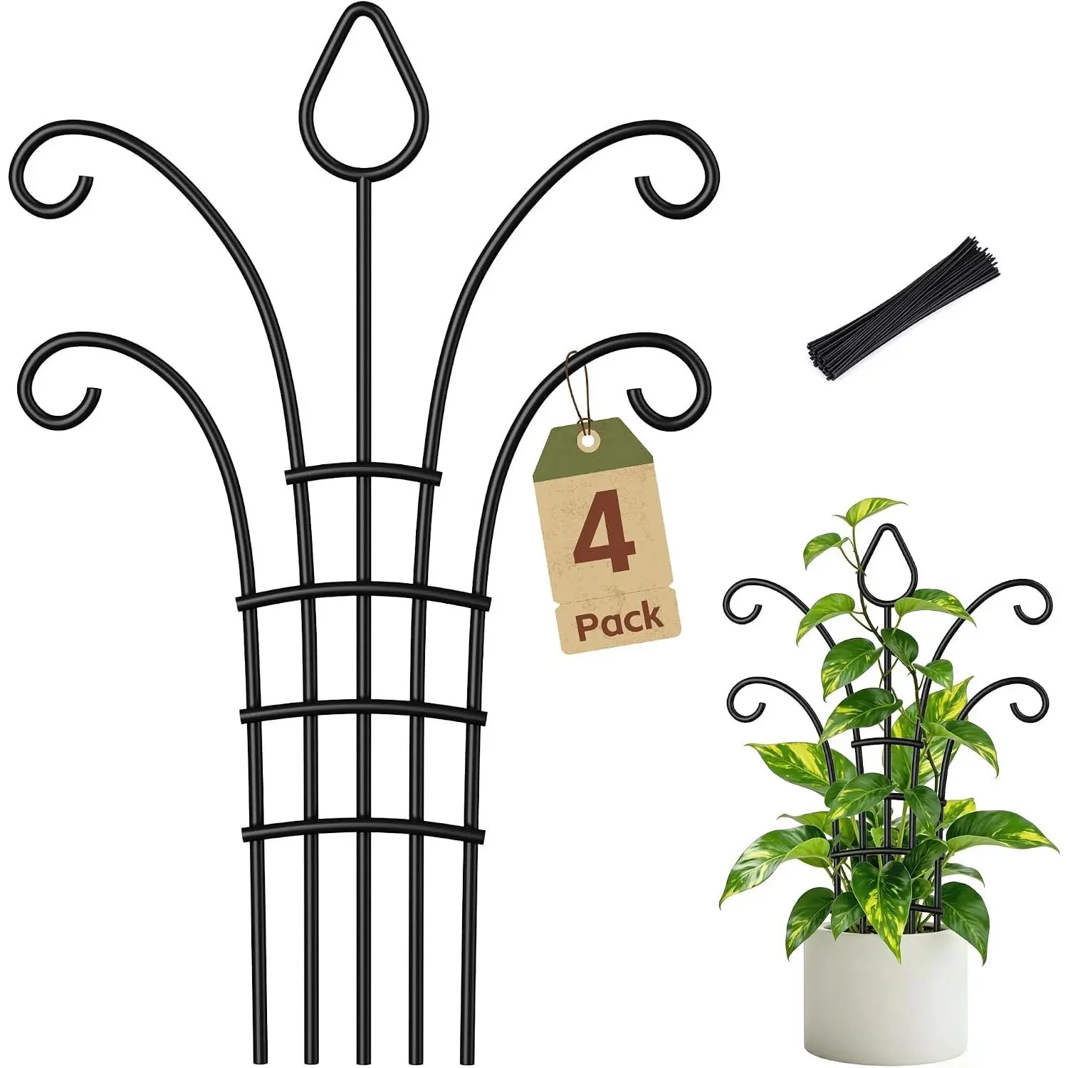 4 Pack Metal Small  Trellis for Potted ,Metal Indoor  Trellis for Climbing ,Black Mini Trellis Support with 5-Prong Base & 50 Ties, for Pothos Hoya Ivy,  for  Lovers