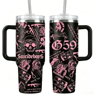 G59 Grey Five Nine Suicideboys 40oz Insulated Tumbler, Multicolor Skull Collage Aesthetic Travel Mug, Dark Trap Goth Underground Rap Style Cup, Premium Stainless Steel Heat Cold Retention Drinkware