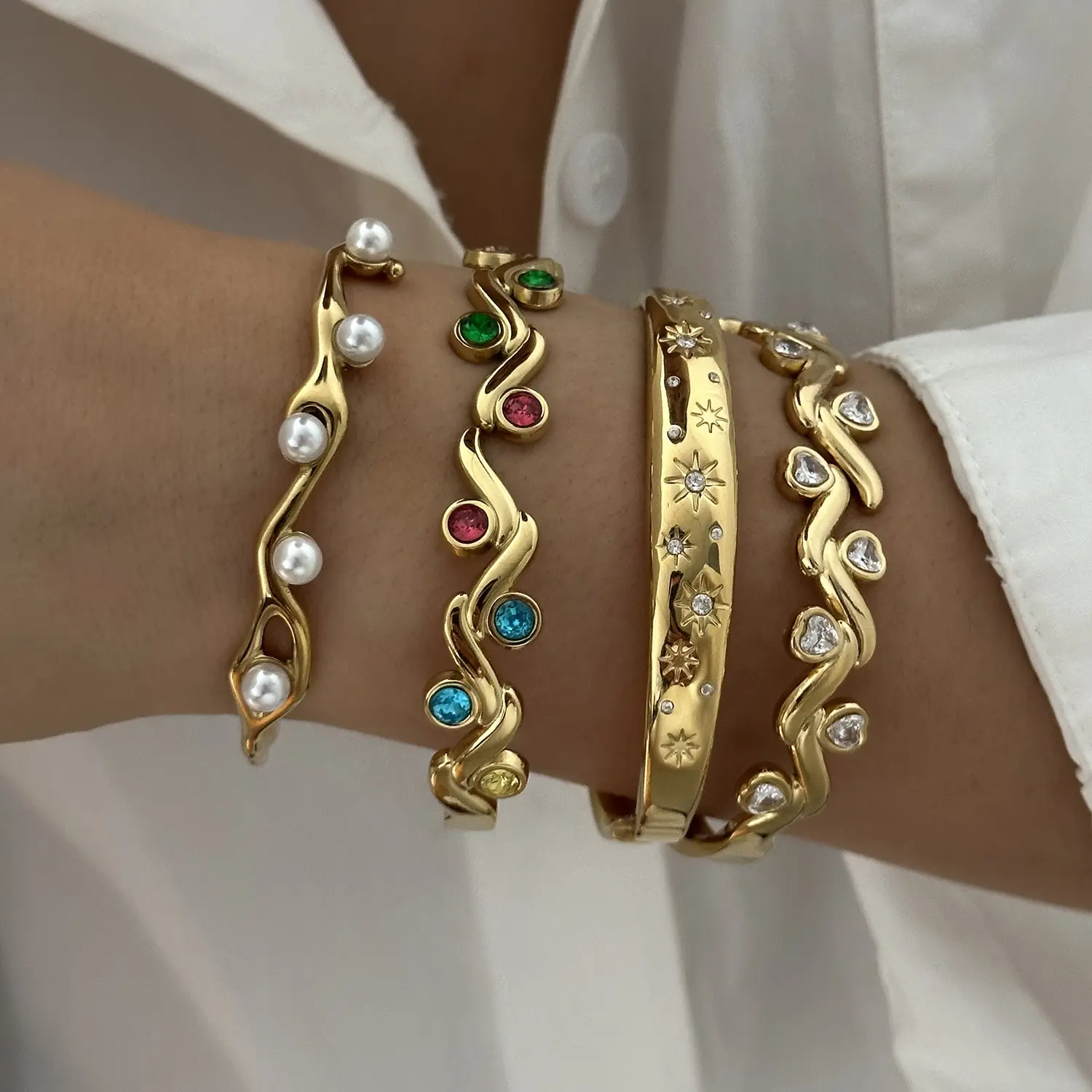 Women's Gold Tone Starburst Engraved Cuff Bracelet - Dainty Celestial Star Bangle, Sports Wristband, Ideal for Party, Holiday Gifting, Bracelets For Women