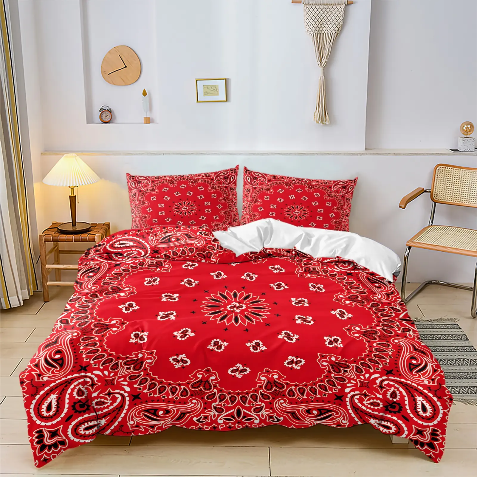 Red Paisley Bandana Print Duvet Cover Set, Includes 1-2 Pillowcases, Classic White Paisley Pattern Red Boho Bedding Set All Size, Soft Comfortable Bed Duvet, Stylish Boho Western Bed Set, Decor For Bedroom And Guest Room