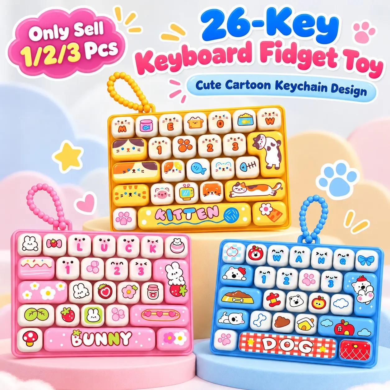 1/2/3 Pcs 26-Key Keyboard Fidget Toy, Cute Cartoon Keychain Clicking Toy with Mechanical Key Style Buttons, Portable Handheld Sensory Pendant for Teens and Adults, Backpack, Desk, Office, School, Travel and Daily Carry