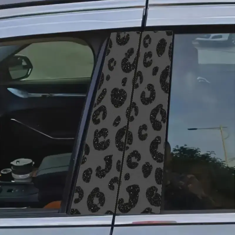 Set of 2 High-Quality Car B-Pillar Protectors Featuring a Durable Vinyl Glitter Black Leopard Print Design. These Waterproof, Self-Adhesive Decals Are Perfect for Enhancing The Exterior of Your Vehicle
