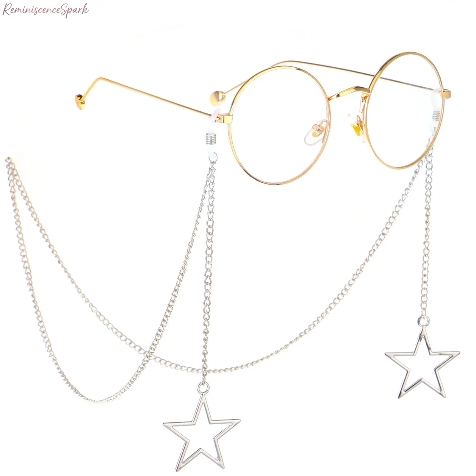 Handmade Metal Eyeglass Chain with Hollow Star Pendant, trendy layered anti-slip eyewear lanyard works as dual-use holder for sunglasses and face masks, chic fashion accessory for daily streetwear and casual outfit styling.