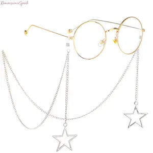 Handmade Metal Eyeglass Chain with Hollow Star Pendant, trendy layered anti-slip eyewear lanyard works as dual-use holder for sunglasses and face masks, chic fashion accessory for daily streetwear and casual outfit styling.