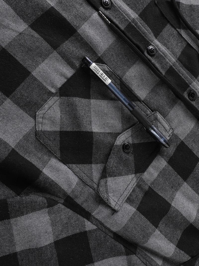 【Plus Size】 Plaid Print Button Front Hooded Shirt, Casual Regular Fit Long Sleeve Top for Daily Outdoor Wear, Men's Clothes for All Seasons