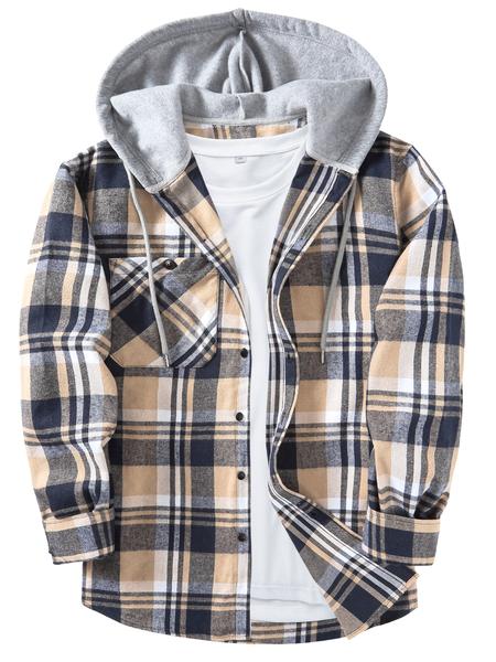 Men's Flannel Hooded Plaid Shirt Jacket, Casual Button-Down Long Sleeve Fashion with Pockets, Stylish Men's Outerwear, Menswear