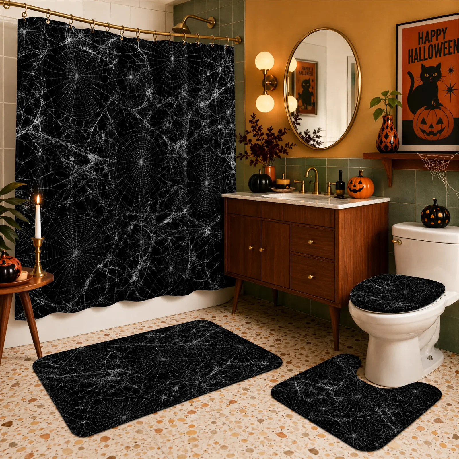 Retro Cobweb Halloween Shower Curtain Set, 4 Piece Minimal Spooky Theme Bathroom Kit, Classic White Spider Web Art Print, Waterproof Curtain, Absorbent Bath Mat, U Shape Rug and Toilet Cover,Gothic Halloween Decor Set