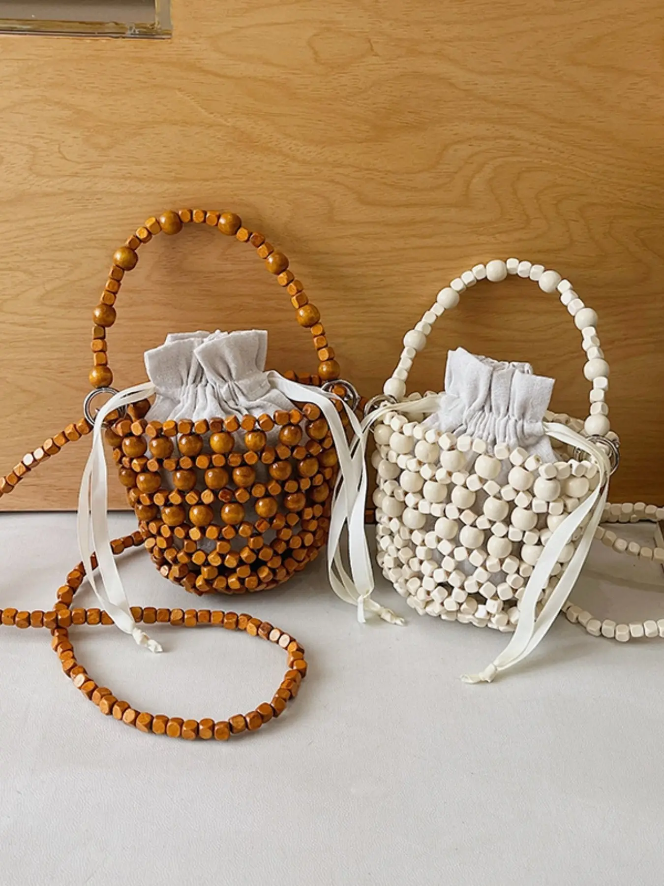 Vintage Boho Wooden Bead Crossbody Bag, Crossbody Handbags, Handmade Hollow Out Design, Perfect for Travel & Daily Use, Unique Style Shoulder Bag