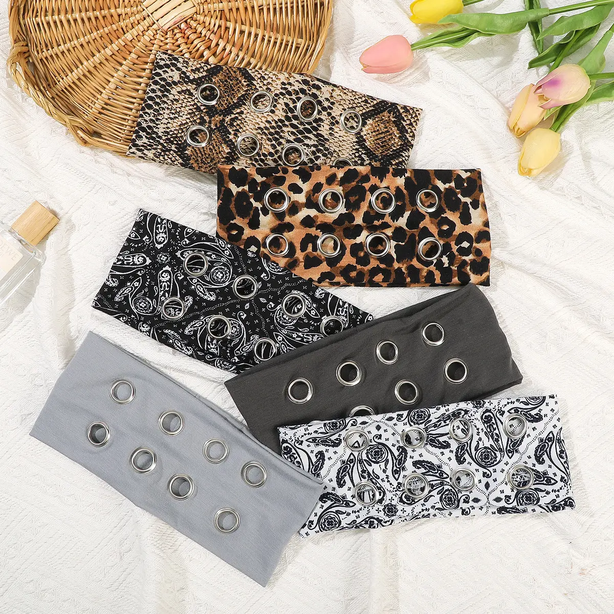 Y2K Punk Metal Ring Pull‑On Headwrap for Women, Solid & Leopard Print Hip‑Hop Bandana Headband, Trendy Korean‑Inspired Hair Accessory for Street Style, Festival & Outdoor Activities