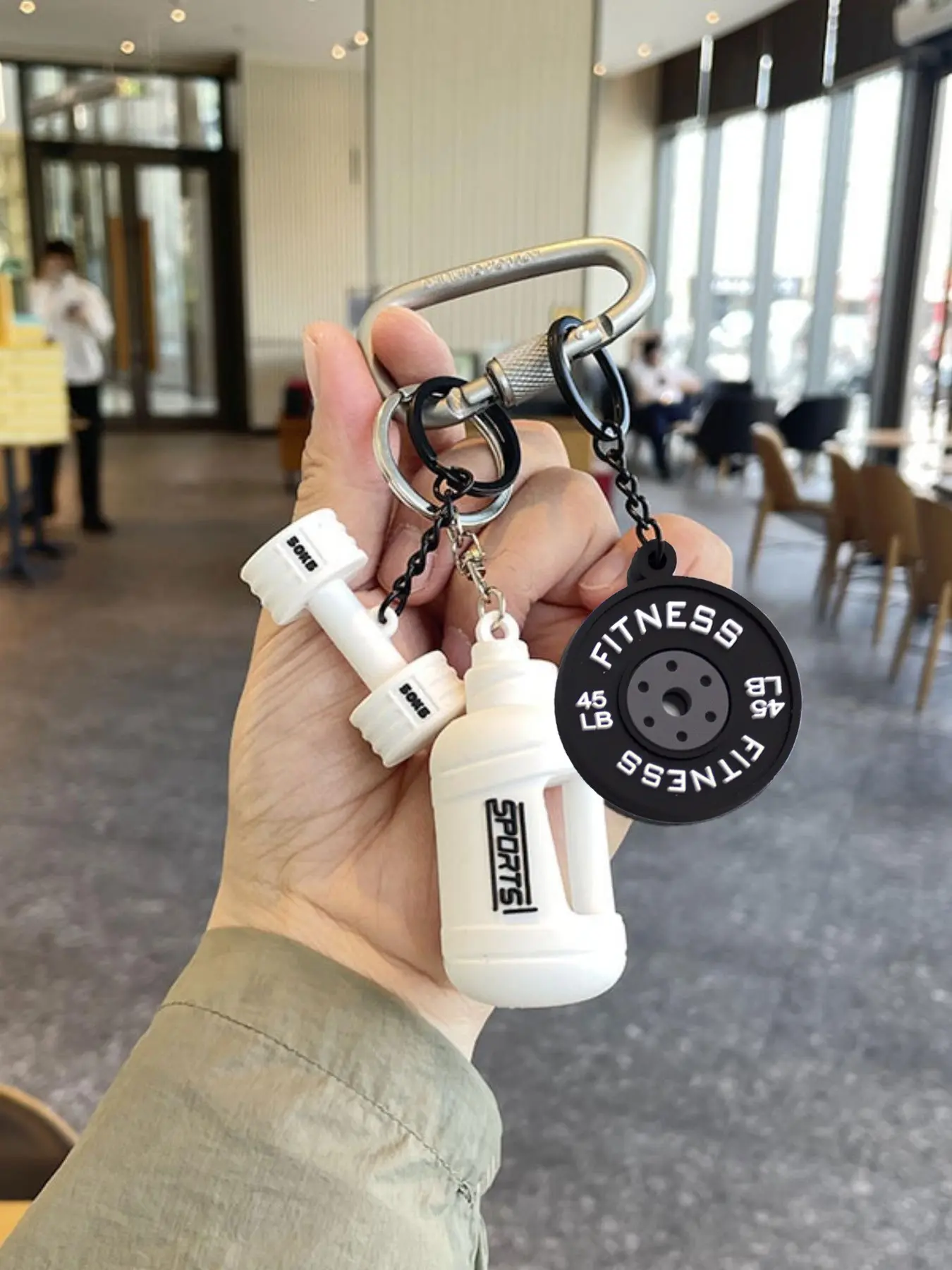 Pastel Fitness Keychain Sporty Bag Charm, Thread Lock Color Match Carabiner with Mini Dumbbell Weight Plate Shaker Bottle Silicone Pendants, Soft Neutral Gym Aesthetic Backpack Decor, Motivational Gift for Gym Buddies, Weightlifters & Teen Streetwear Fans