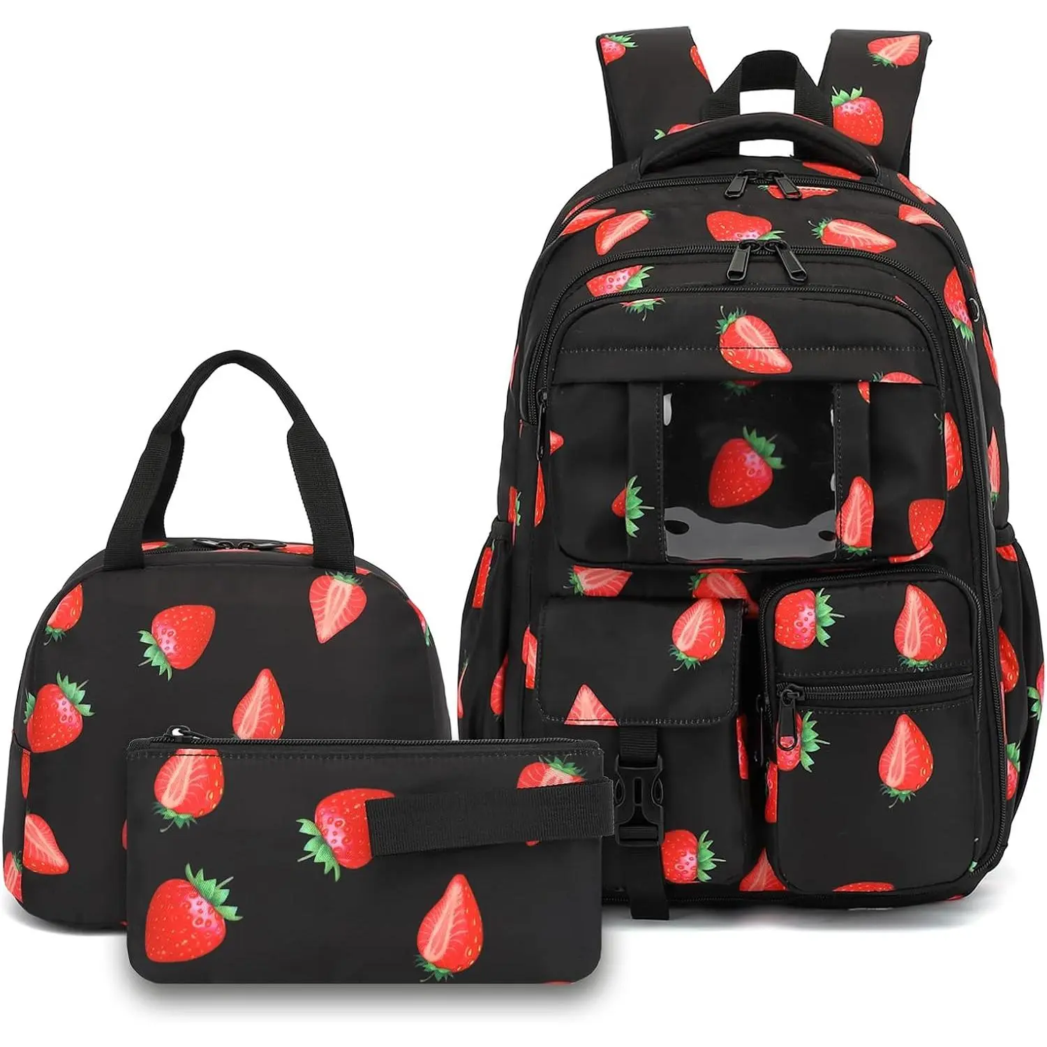 Strawberry School Backpack for Girls, 3 count  Bookbag Set School Bags  Pack with Lunch Box and Pencil Bag