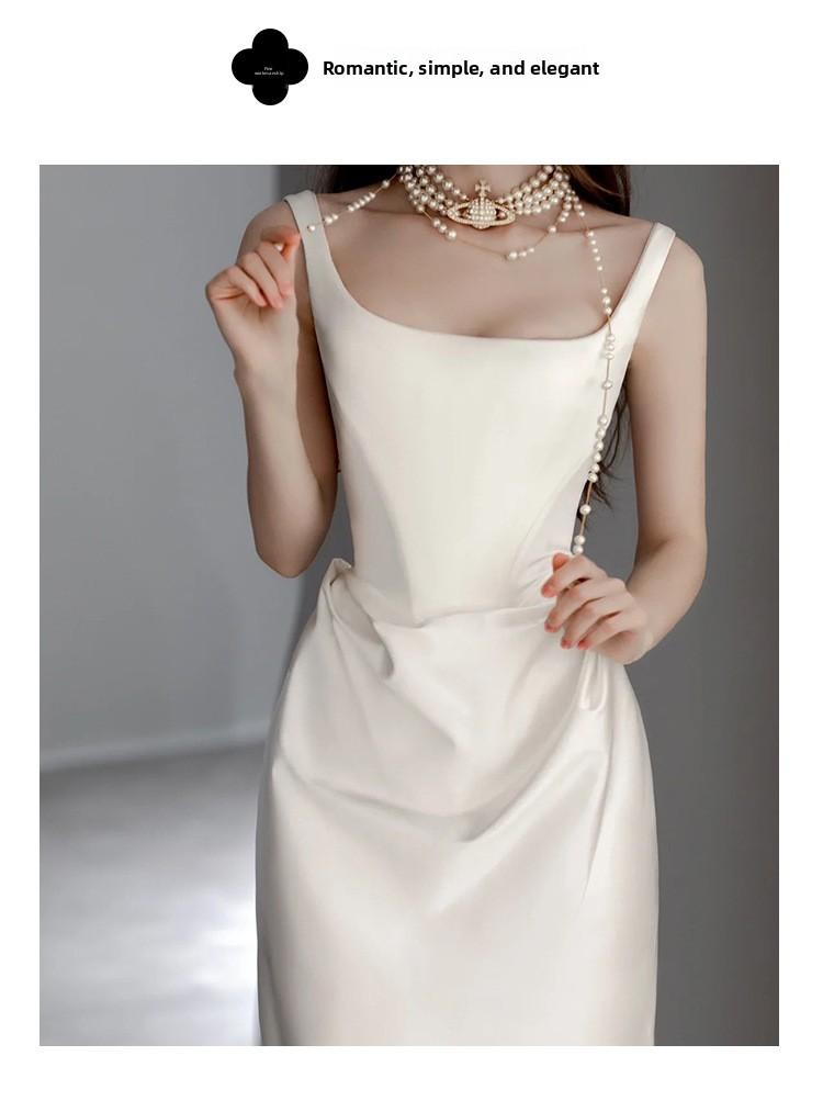 Satin Light Wedding Dress 2026 – Vintage Simple Spaghetti Strap Departure Gown, Small Train Bridal Evening Dress