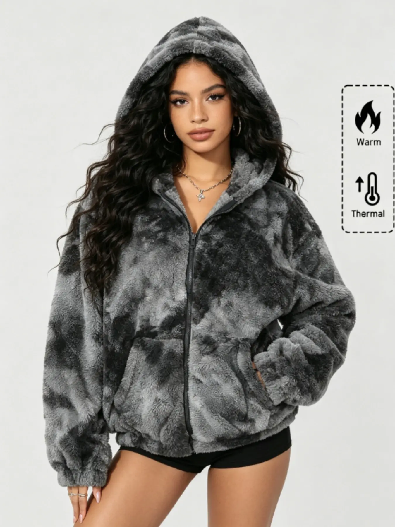 New Fall Winter Women's Tie-Dye Fuzzy Hooded Zipper Coat Jackets, Loose Thick Warm Fake Fur Cardigan, Y2K Retro Street Casual Style Long Sleeve with Pockets