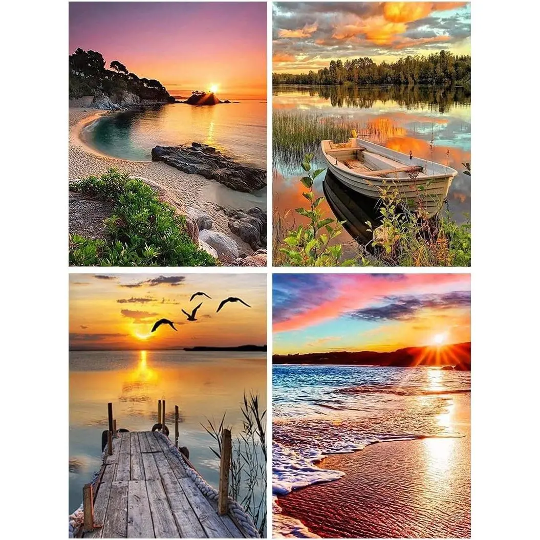 4 Pack Stamped Cross Stitch Kits for Adults, Landscape Counted DIY Embroidery Needlepoint Kits for Home Decor, 12x16inch