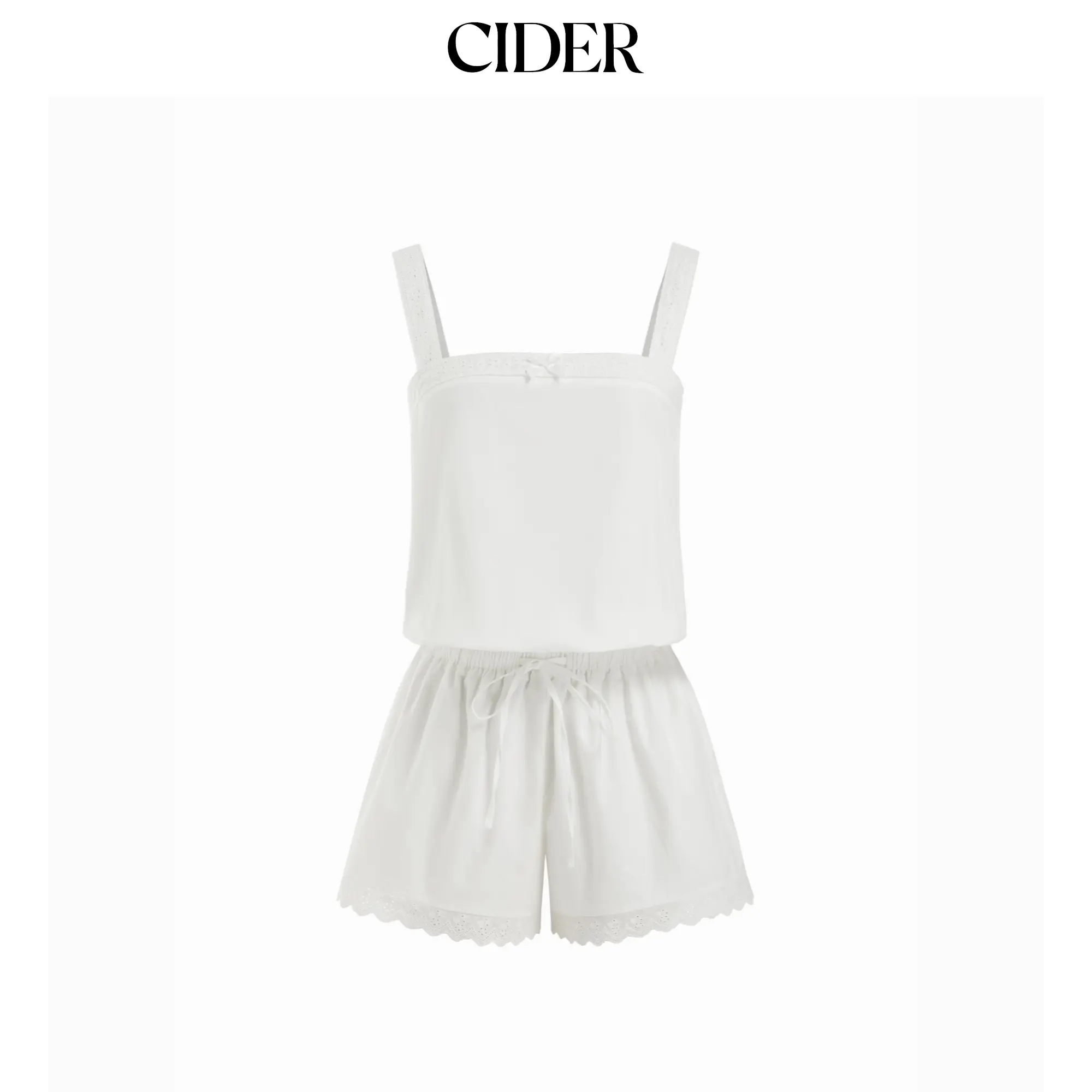 Cider Cotton Square Neckline Lace Trim Drawstring Micro Romper