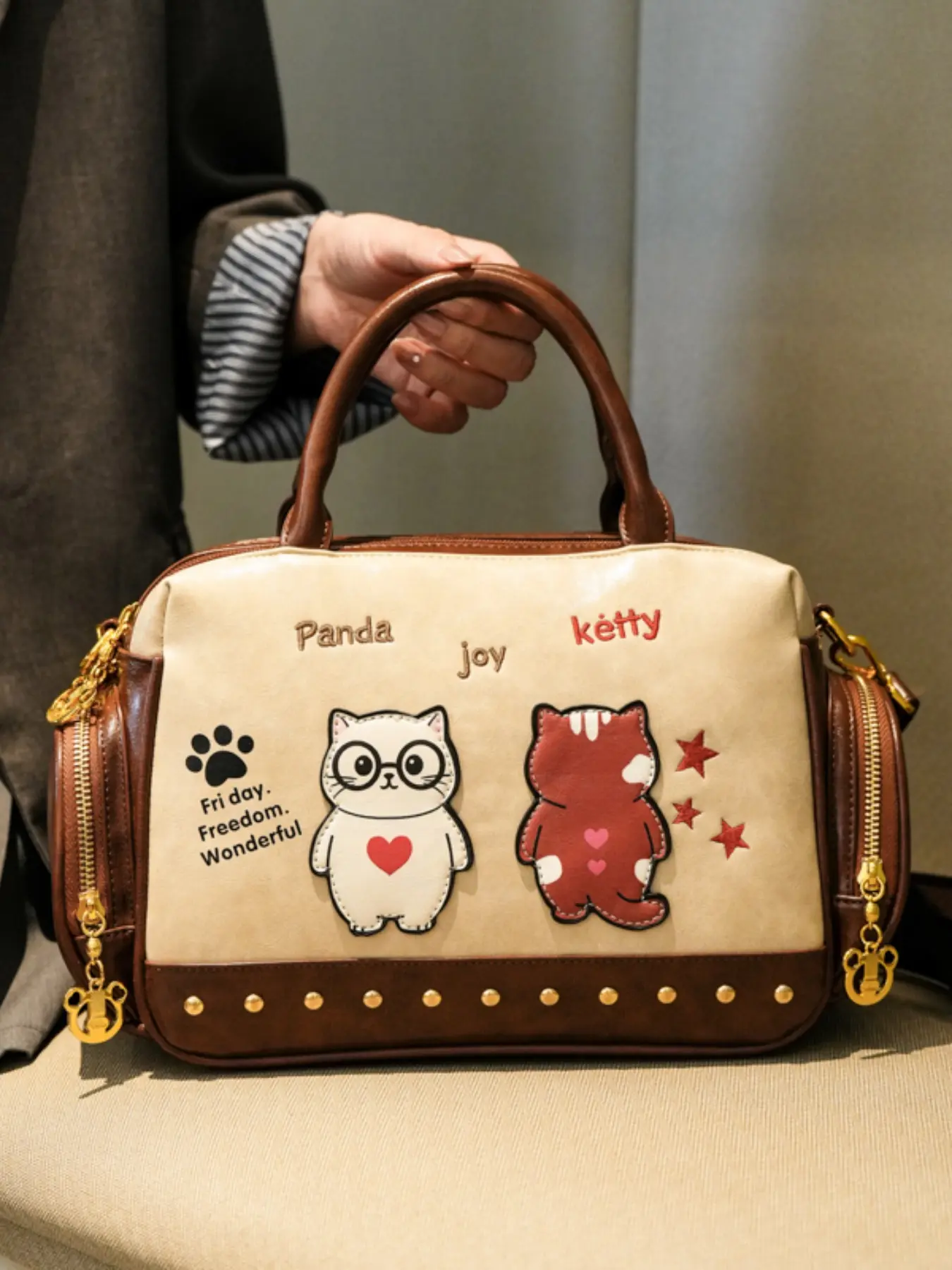 Fashion Cartoon Print Handbag, High-Quality Boston Bag, Large Capacity Shoulder Bag, Vintage Chic Crossbody Bag for Women