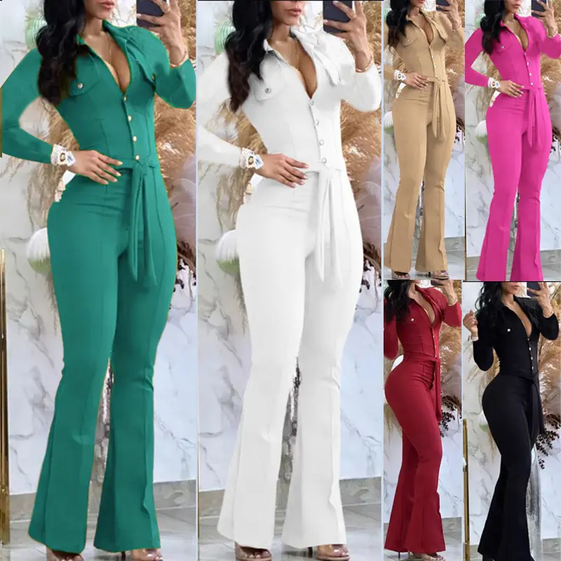 Women’s Long Sleeve Collared Jumpsuit, Button Front High Waist Flare Leg One Piece Outfit, Elegant Workwear Romper for Office, Dinner, Fall Winter Outfits and Going Out Looks S-XL