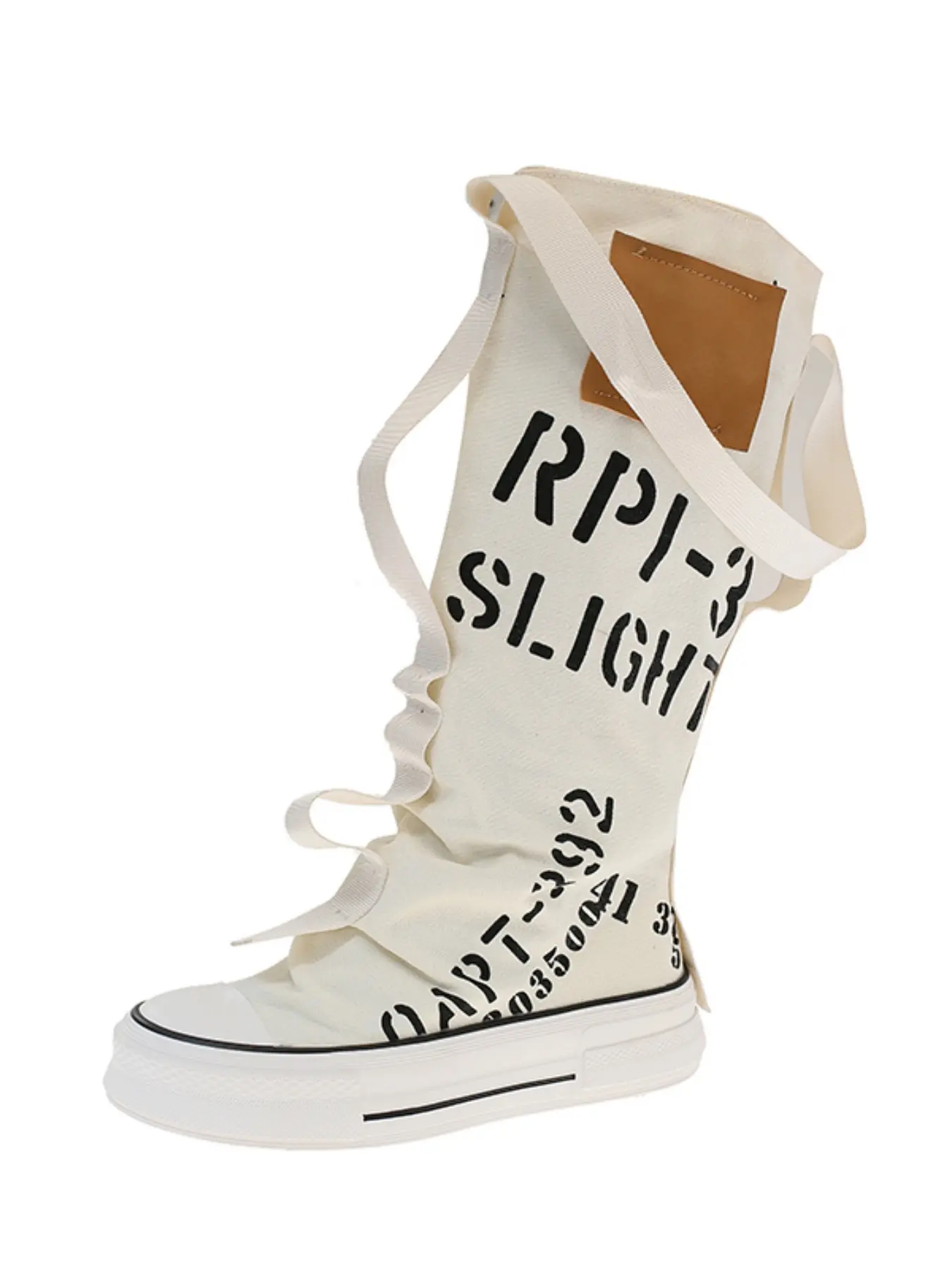Vintage Ruched Slouch Canvas Boots Women Letter Print Strap Ornament Leather Patch Platform Pull On Streetwear Knee High Boots