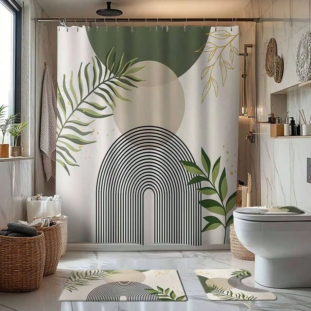 1/4pcs Set Sage Green Boho Medieval Themed Bathroom Shower Curtain, Bath Mat, U-Shaped Toilet Lid Cover, Waterproof Shower Curtain Bathroom Decor, Modern Curtain Divider, No-Drill, Polyester, Machine Washable Back To School